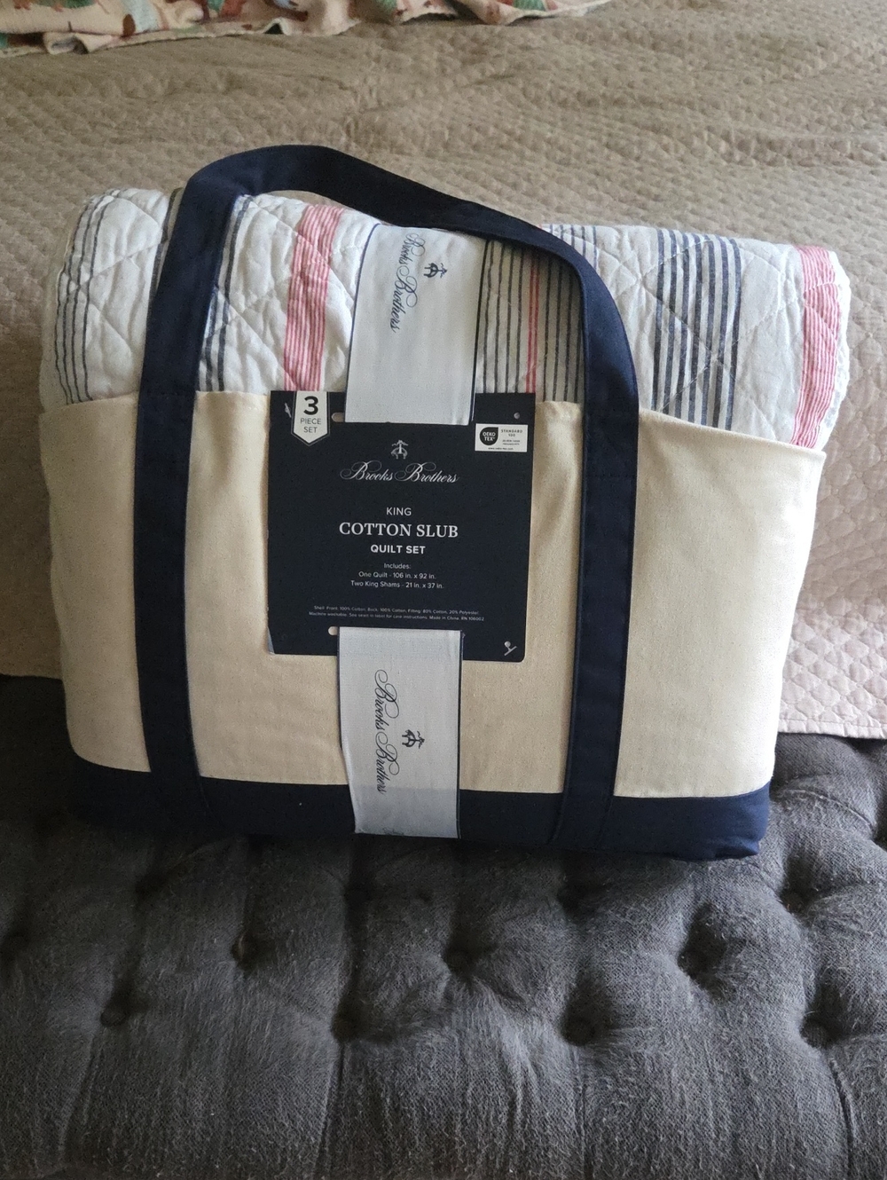 Brooks Brothers Striped Cotton Slub Quilt Set - Navy, Cream & Red